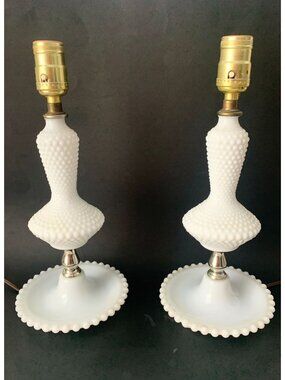 2 Vintage Milk Glass Hobnail Lamps White Mid Century Modern Boudoir Lamp